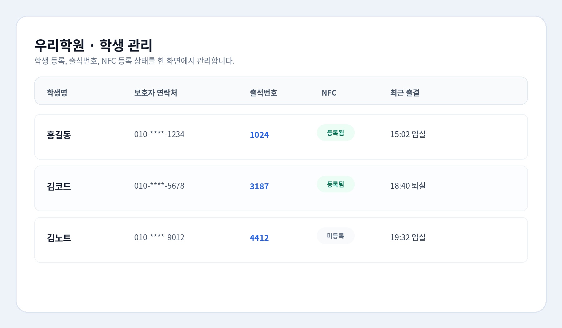 우리학원 학생 관리 예시 화면